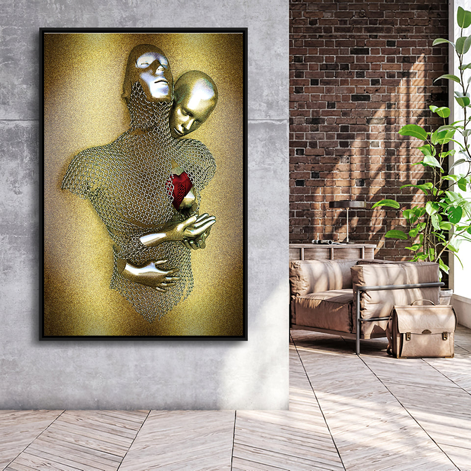 3D Effect Art Love Heart V2 Glitter Gold Background Framed Canvas Prints Wall Art - Painting Canvas,Floating Frame, Home Wall Decor