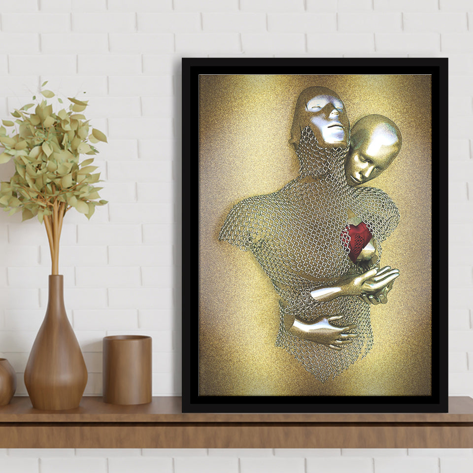 3D Effect Art Love Heart V2 Glitter Gold Background Framed Canvas Prints Wall Art - Painting Canvas,Floating Frame, Home Wall Decor