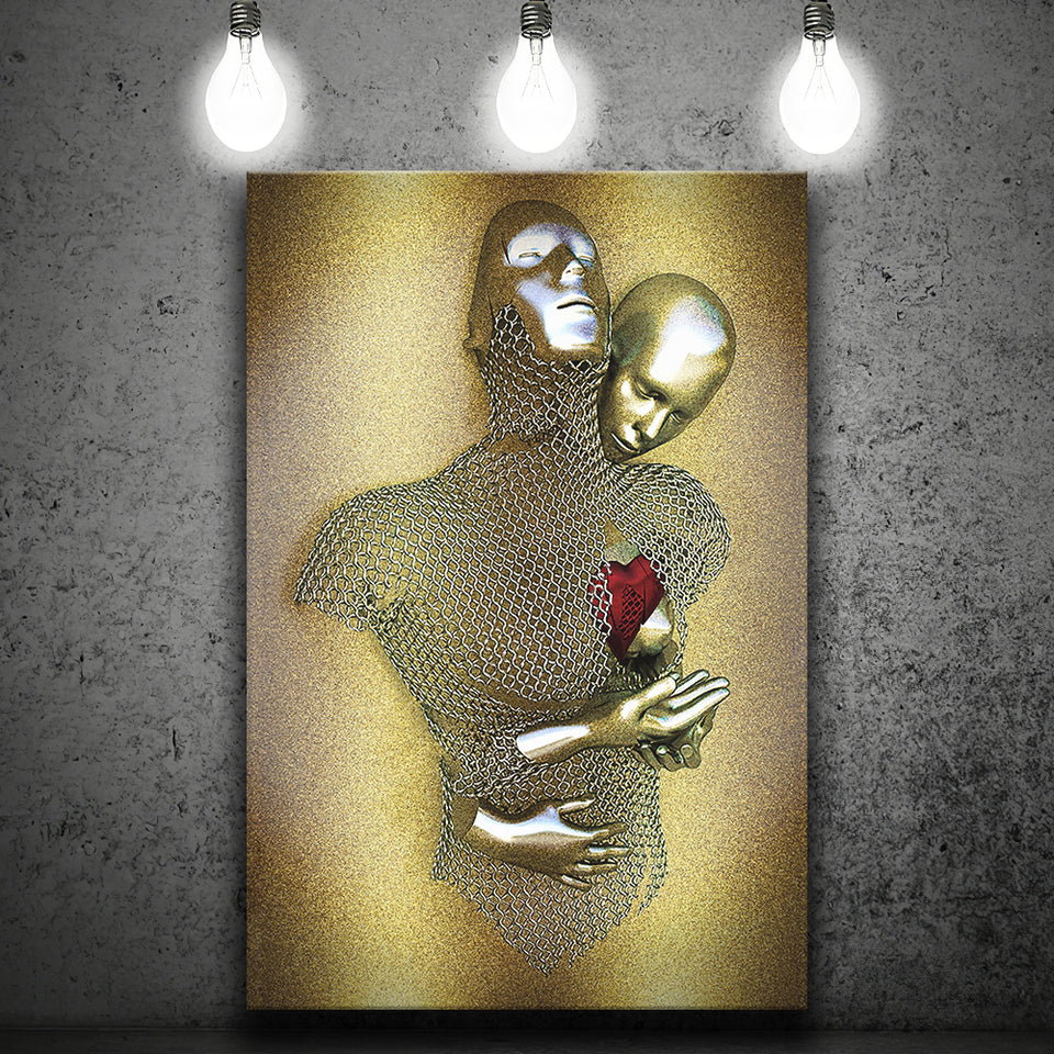3D Effect Art Love Heart V2 Glitter Gold Background Framed Canvas