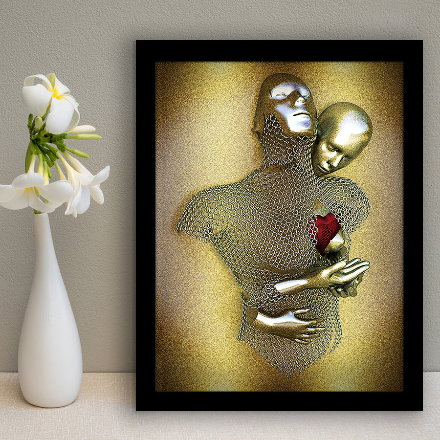 3D Effect Art Love Heart V2 Glitter Gold Background Framed Art Print Wall Decor - Painting Art,Framed Picture,Wall Art