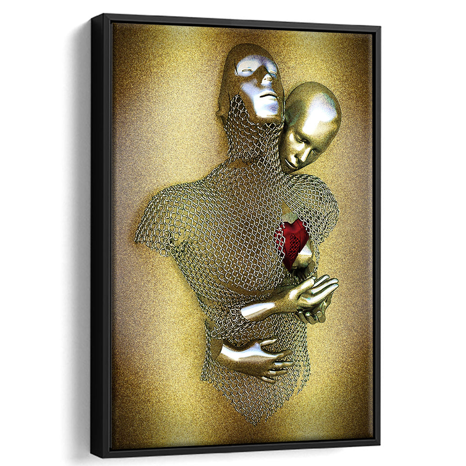 3D Effect Art Love Heart V2 Glitter Gold Background Framed Canvas Prints Wall Art - Painting Canvas,Floating Frame, Home Wall Decor