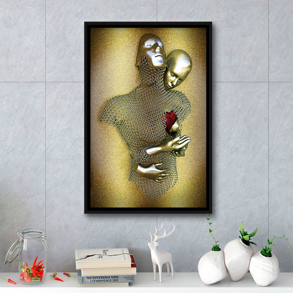 3D Effect Art Love Heart V2 Glitter Gold Background Framed Canvas Prints Wall Art - Painting Canvas,Floating Frame, Home Wall Decor