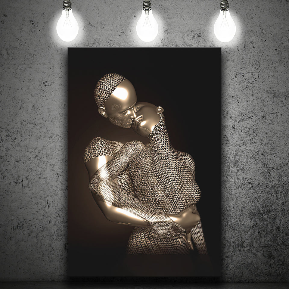 3D Effect Art The Hug Love II Gold Canvas Prints Wall Art - Painting Canvas, Wall Decor, Home Decor, Prints for Sale