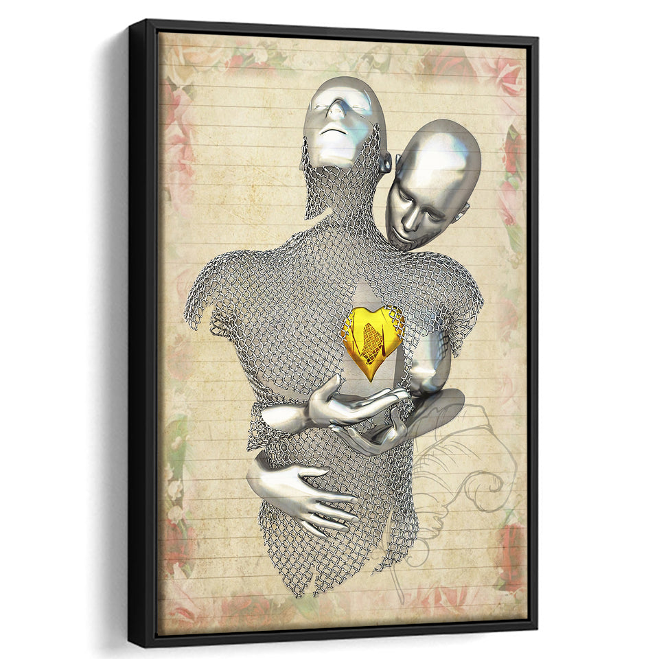 3D Effect Art Love Gold Heart Floral Paper V1 Framed Canvas Prints Wall Art - Painting Canvas,Floating Frame, Home Wall Decor