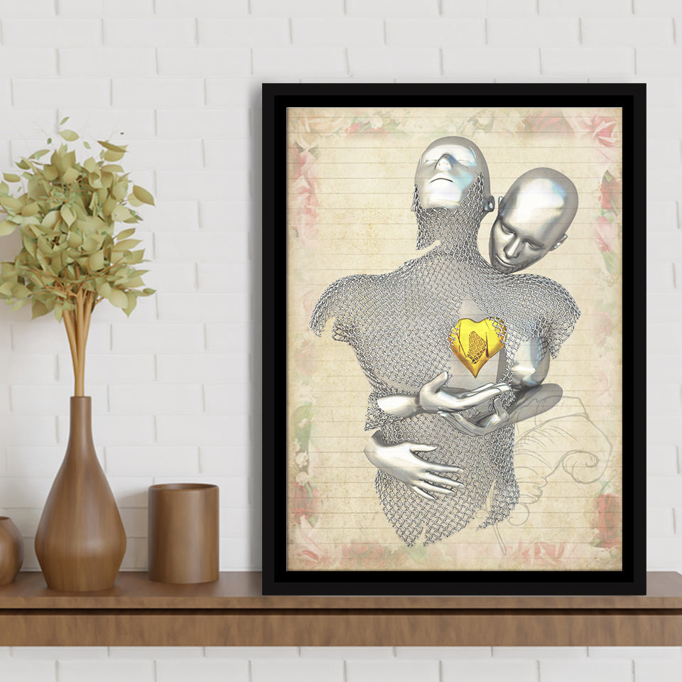 3D Effect Art Love Gold Heart Floral Paper V1 Framed Canvas Prints Wall Art - Painting Canvas,Floating Frame, Home Wall Decor
