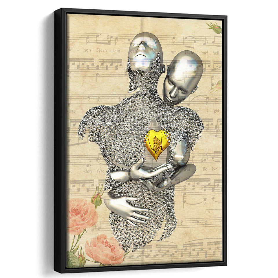 3D Effect Art Love Gold Heart Floral Paper Lyric Song V1 Framed Canvas Prints Wall Art - Painting Canvas,Floating Frame, Wall Decor