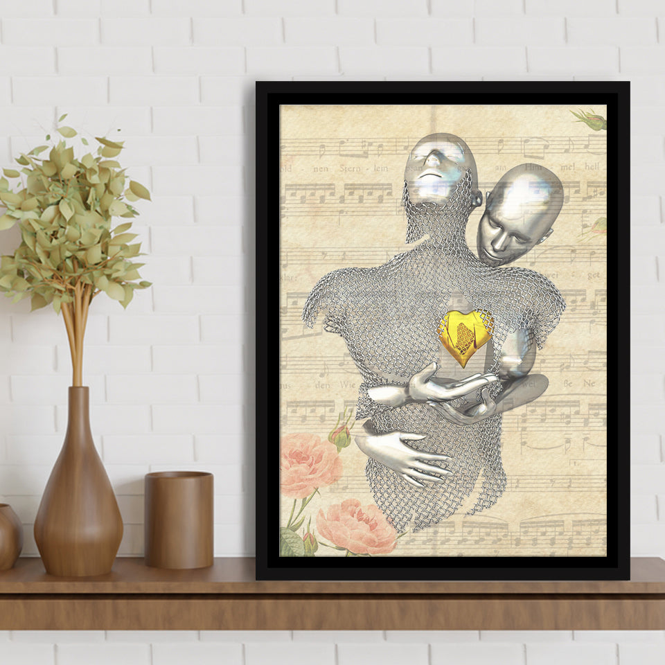 3D Effect Art Love Gold Heart Floral Paper Lyric Song V1 Framed Canvas Prints Wall Art - Painting Canvas,Floating Frame, Wall Decor