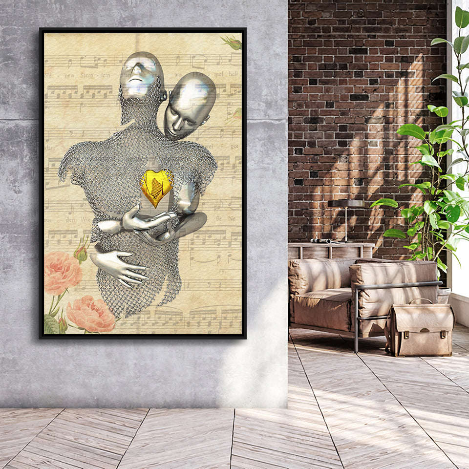 3D Effect Art Love Gold Heart Floral Paper Lyric Song V1 Framed Canvas Prints Wall Art - Painting Canvas,Floating Frame, Wall Decor