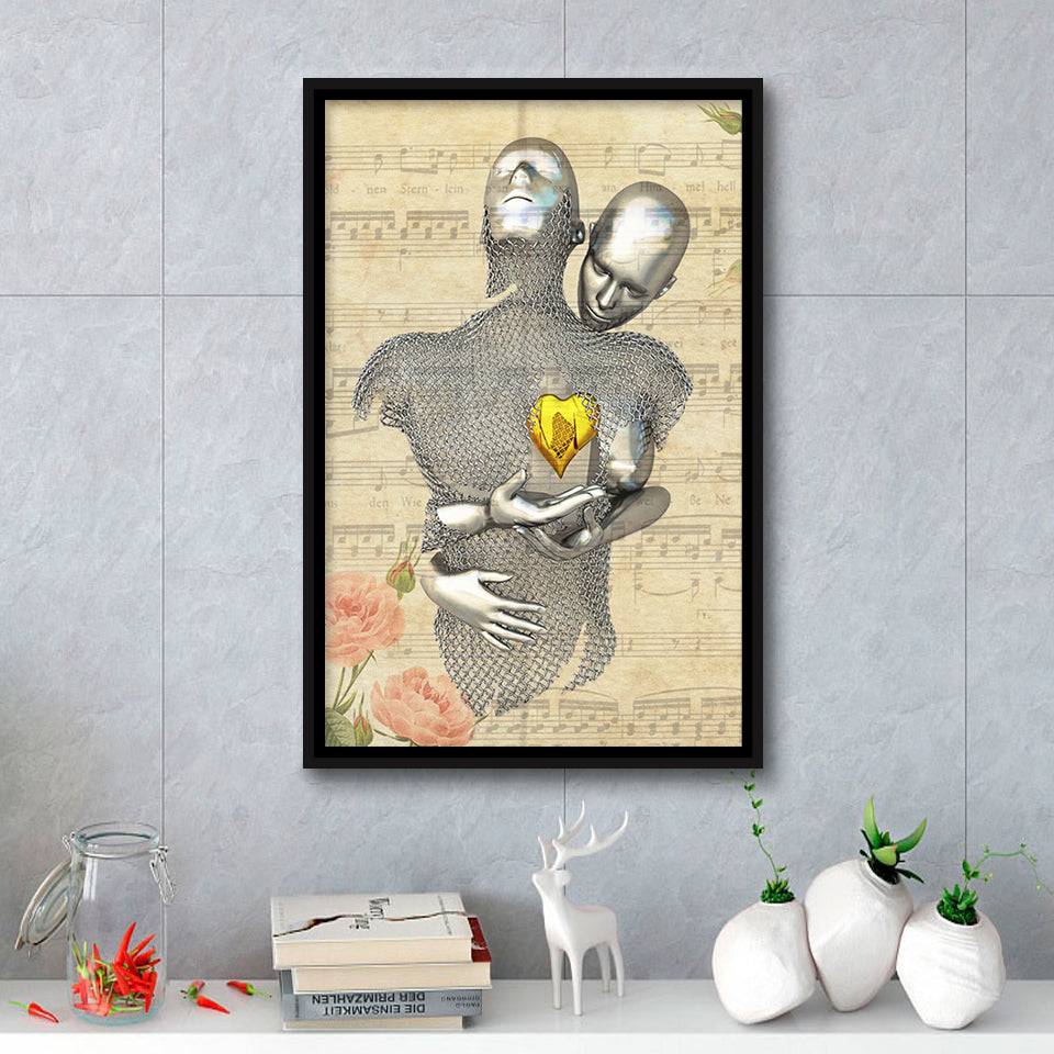 3D Effect Art Love Gold Heart Floral Paper Lyric Song V1 Framed Canvas Prints Wall Art - Painting Canvas,Floating Frame, Wall Decor