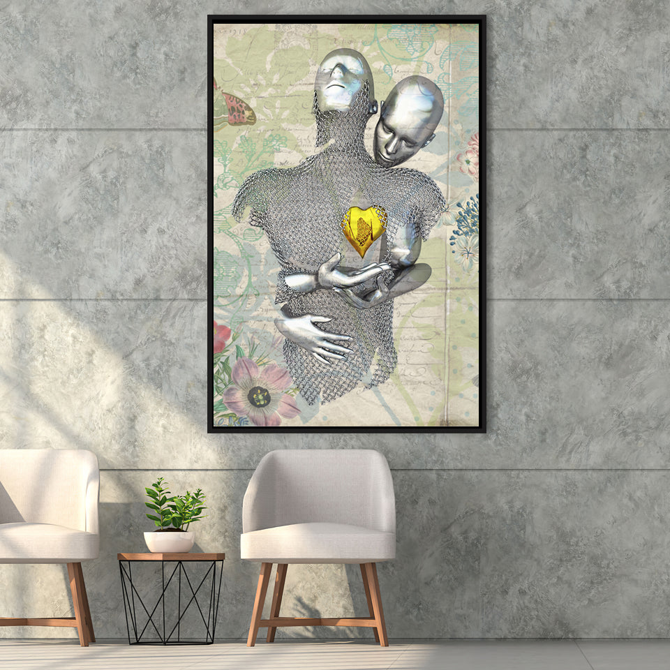 3D Effect Art Love Gold Heart Floral Paper Lyric Song V2 Framed Canvas Prints Wall Art - Painting Canvas,Floating Frame, Wall Decor