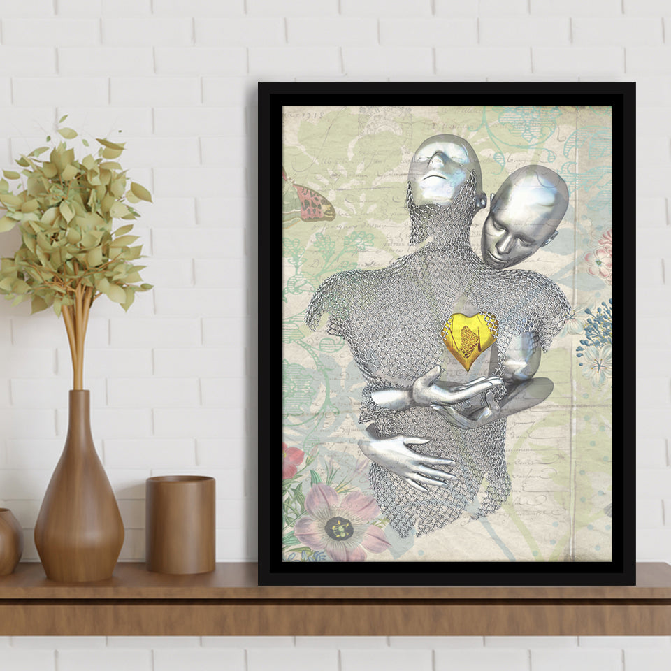 3D Effect Art Love Gold Heart Floral Paper Lyric Song V2 Framed Canvas Prints Wall Art - Painting Canvas,Floating Frame, Wall Decor