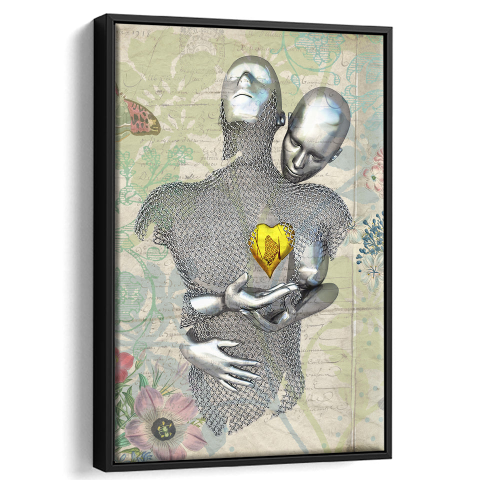 3D Effect Art Love Gold Heart Floral Paper Lyric Song V2 Framed Canvas Prints Wall Art - Painting Canvas,Floating Frame, Wall Decor