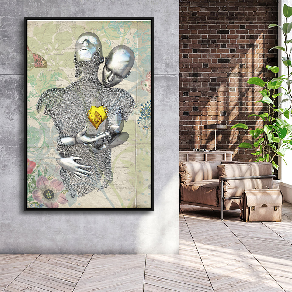 3D Effect Art Love Gold Heart Floral Paper Lyric Song V2 Framed Canvas Prints Wall Art - Painting Canvas,Floating Frame, Wall Decor