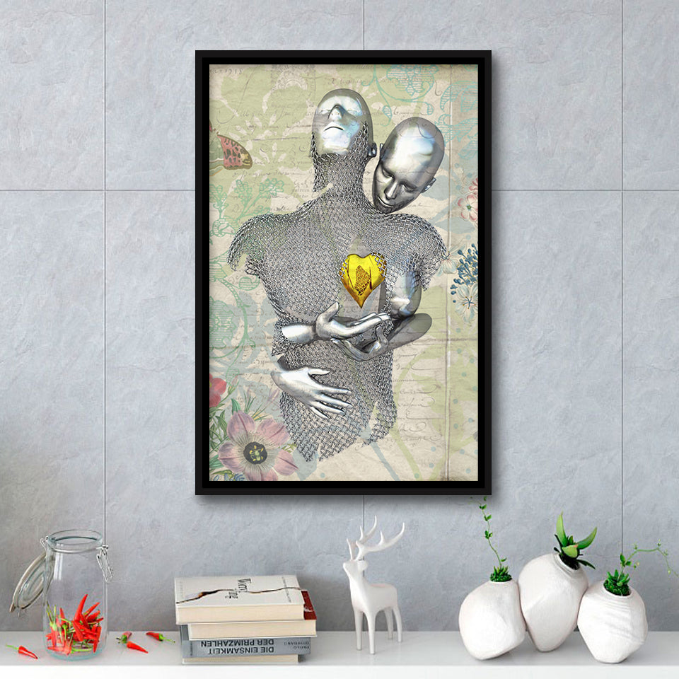 3D Effect Art Love Gold Heart Floral Paper Lyric Song V2 Framed Canvas Prints Wall Art - Painting Canvas,Floating Frame, Wall Decor