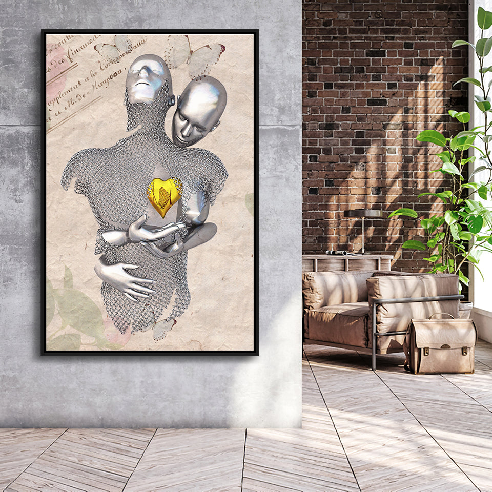 3D Effect Art Love Gold Heart Floral Paper Lyric Song V3 Framed Canvas Prints Wall Art - Painting Canvas,Floating Frame, Wall Decor