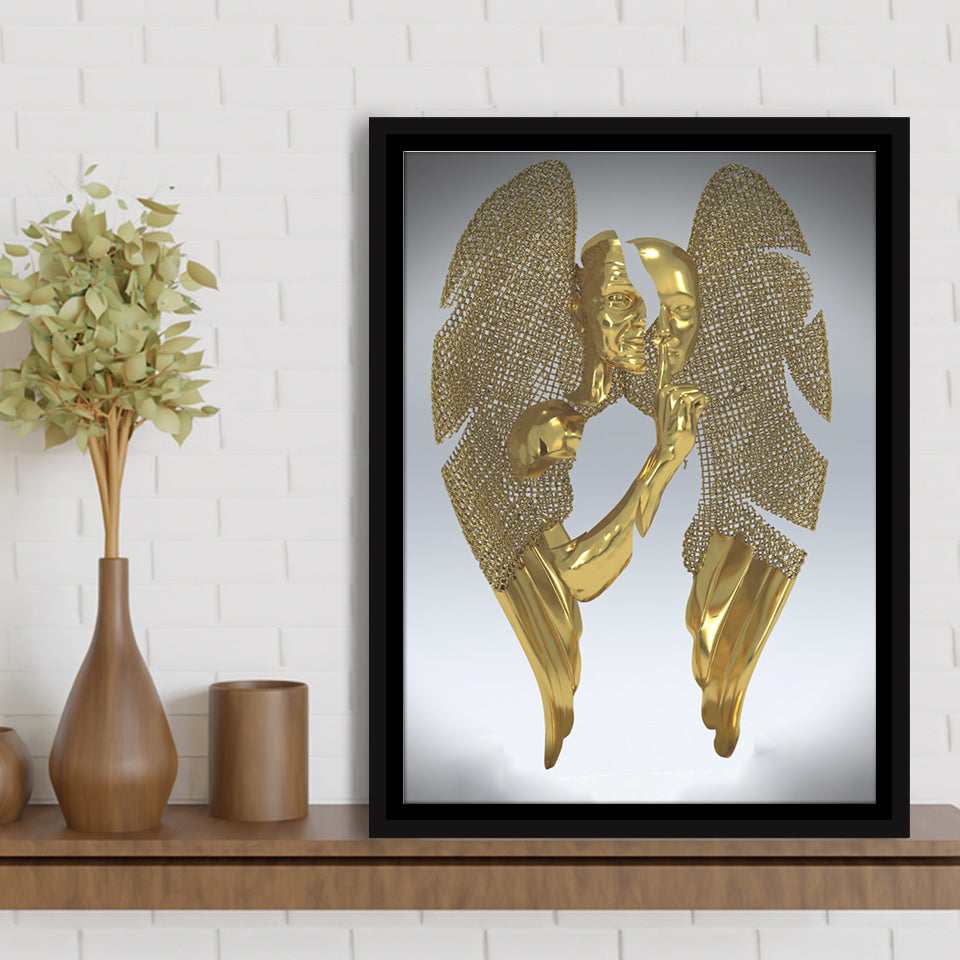 3D Effect Art Split Face With Angel Wings Gold Color Framed Canvas Prints Wall Art - Painting Canvas, Floating Frame, Painting Prints