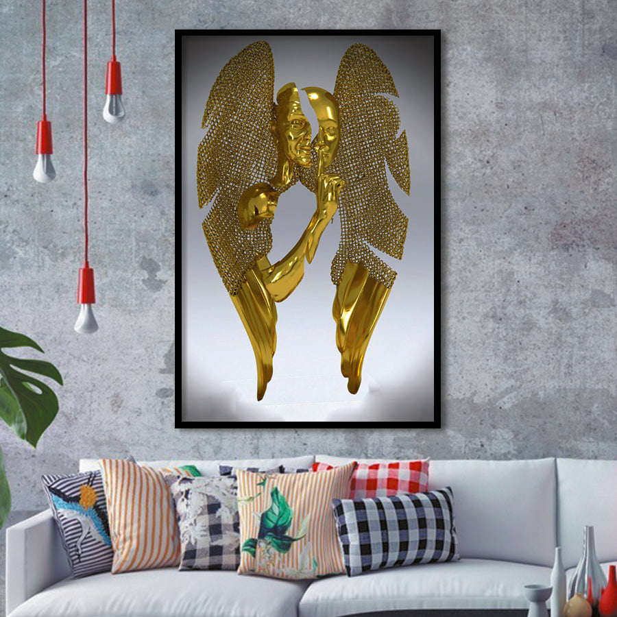 3D Effect Art Split Face With Angel Wings Gold Color Framed Art Prints Wall Decor - Painting Prints, Wall Art, Framed Picture, For Sale