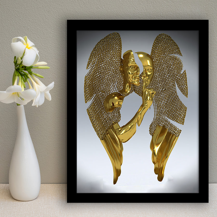 3D Effect Art Split Face With Angel Wings Gold Color Framed Art Prints Wall Decor - Painting Prints, Wall Art, Framed Picture, For Sale