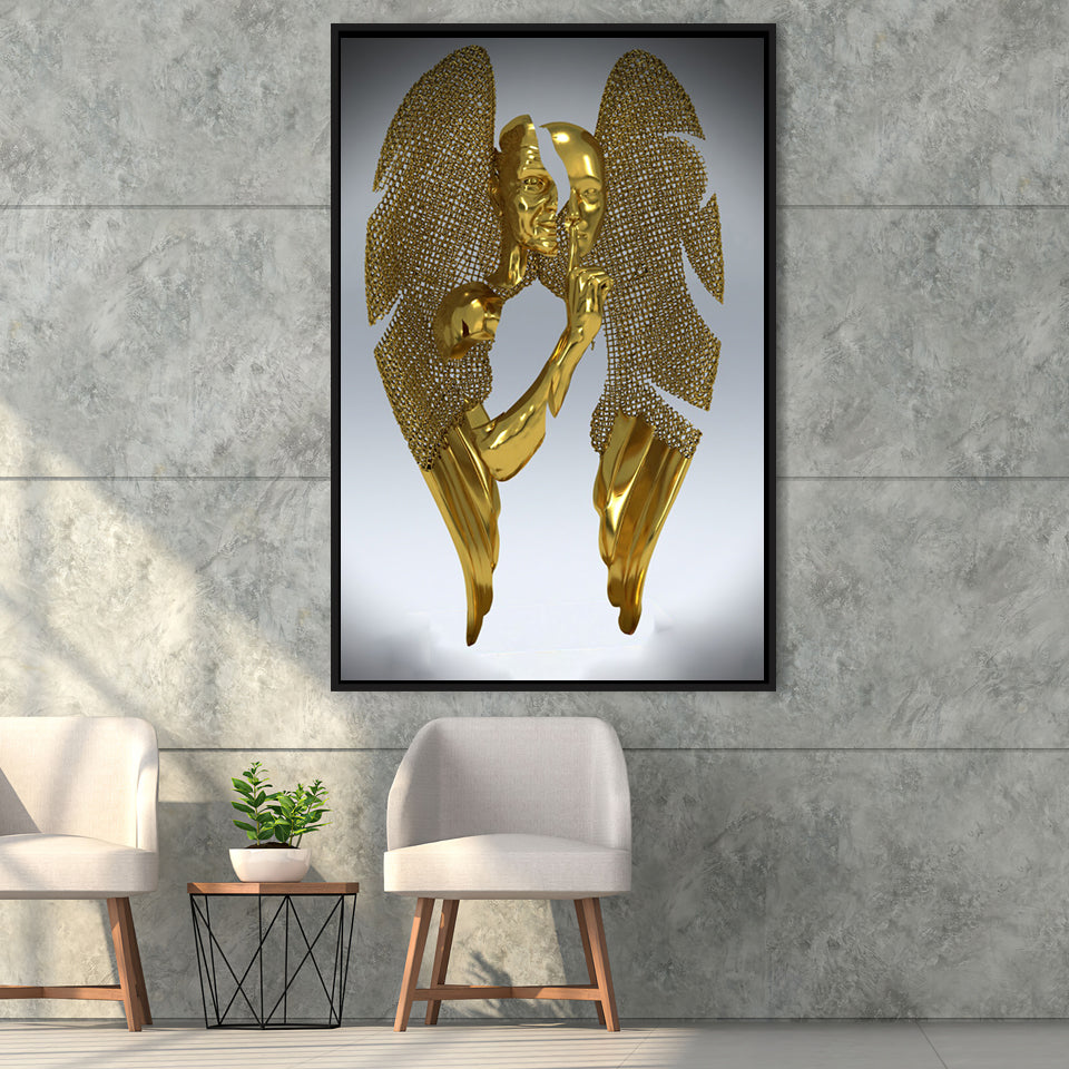 3D Effect Art Split Face With Angel Wings Gold Color Framed Canvas Prints Wall Art - Painting Canvas, Floating Frame, Painting Prints
