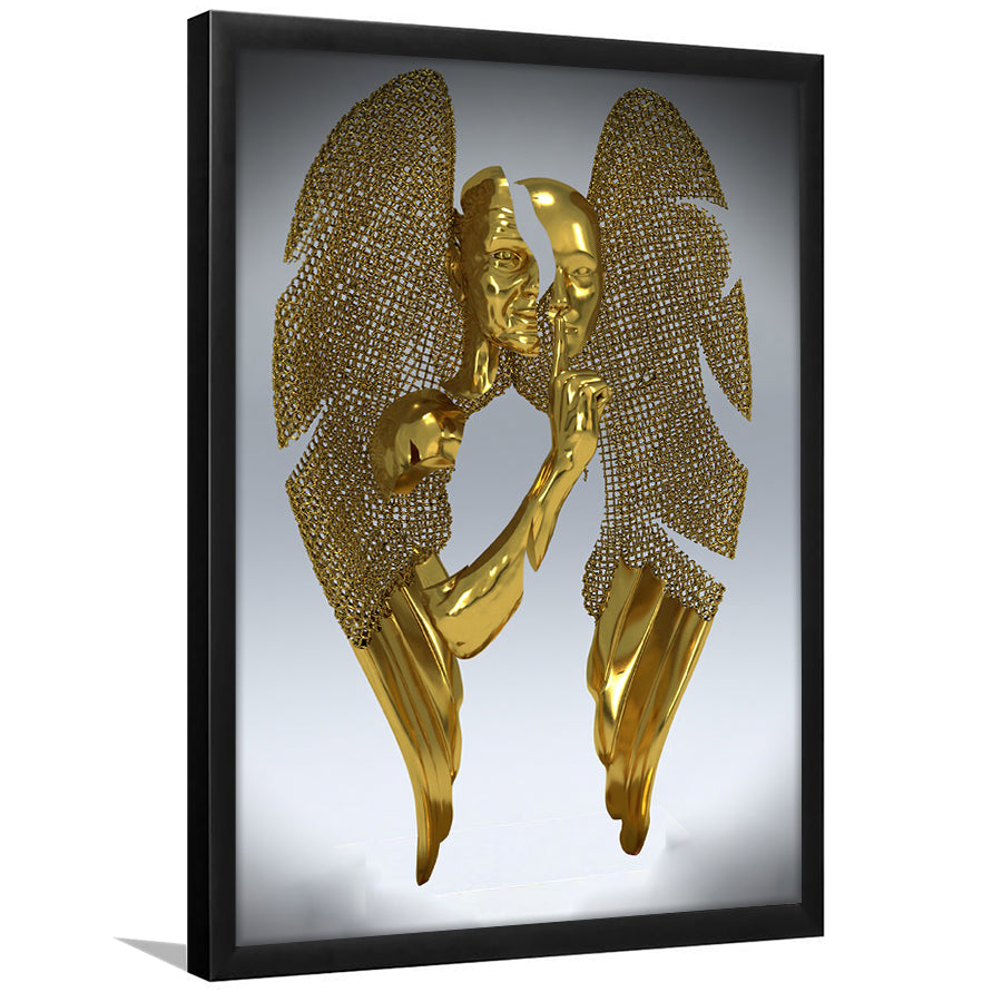 3D Effect Art Split Face With Angel Wings Gold Color Framed Art Prints Wall Decor - Painting Prints, Wall Art, Framed Picture, For Sale