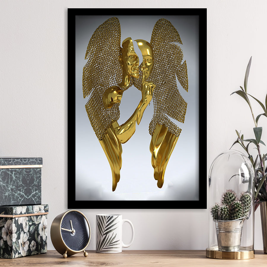 3D Effect Art Split Face With Angel Wings Gold Color Framed Art Prints Wall Decor - Painting Prints, Wall Art, Framed Picture, For Sale