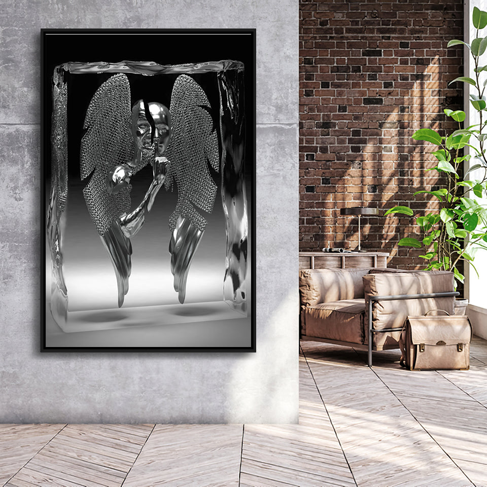 3D Effect Art Split Face With Angel Wings Framed Canvas Prints Wall Art - Painting Canvas, Floating Frame, Painting Prints, For Sale