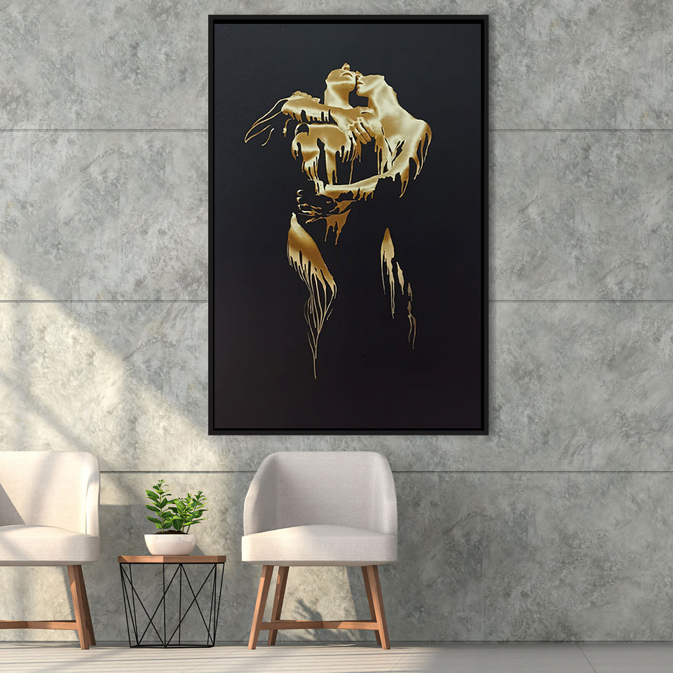 3D Effect Art Golden Passion Hug Love Framed Canvas Prints Wall Art - Painting Canvas,Floating Frame, Home Wall Decor