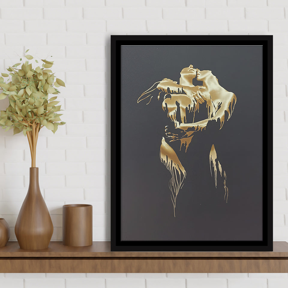 3D Effect Art Golden Passion Hug Love Framed Canvas Prints Wall Art - Painting Canvas,Floating Frame, Home Wall Decor