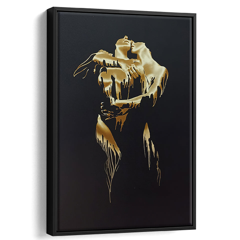 3D Effect Art Golden Passion Hug Love Framed Canvas Prints Wall Art - Painting Canvas,Floating Frame, Home Wall Decor