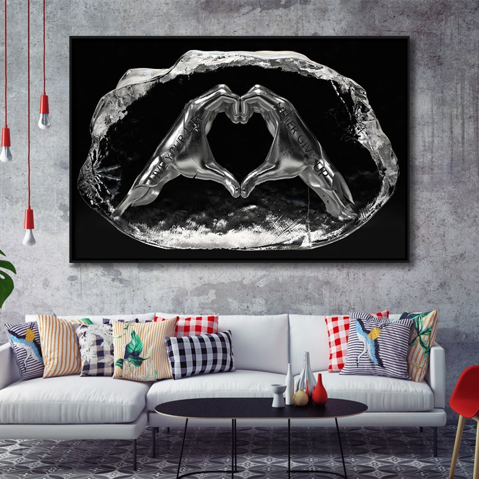 3D Effect Art Heart Icon From Hands Live Your Life Never Give Up Framed Canvas Prints Wall Art - Painting Canvas,Floating Frame