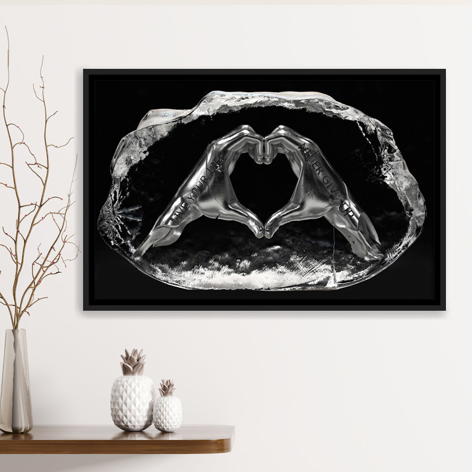 3D Effect Art Heart Icon From Hands Live Your Life Never Give Up Framed Canvas Prints Wall Art - Painting Canvas,Floating Frame