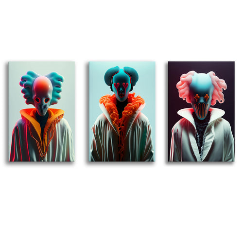 3D Effect Clown, Love Eyes, Pink Hair Clown Colorfull Set of 3 Piece Canvas Prints Wall Art Decor