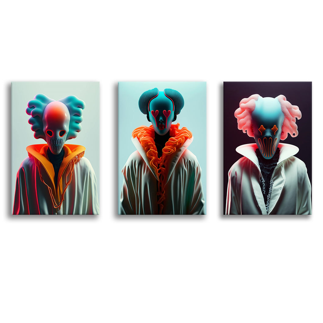 3D Effect Clown, Love Eyes, Pink Hair Clown Colorfull Set of 3 Piece Canvas Prints Wall Art Decor