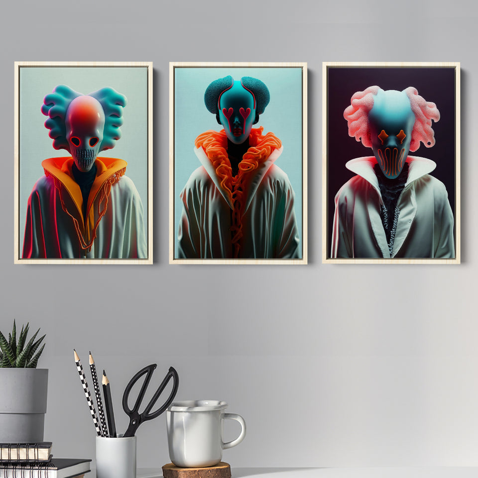3D Effect Clown, Love Eyes, Pink Hair Clown Colorfull Set of 3 Piece Framed Canvas Prints Wall Art Decor
