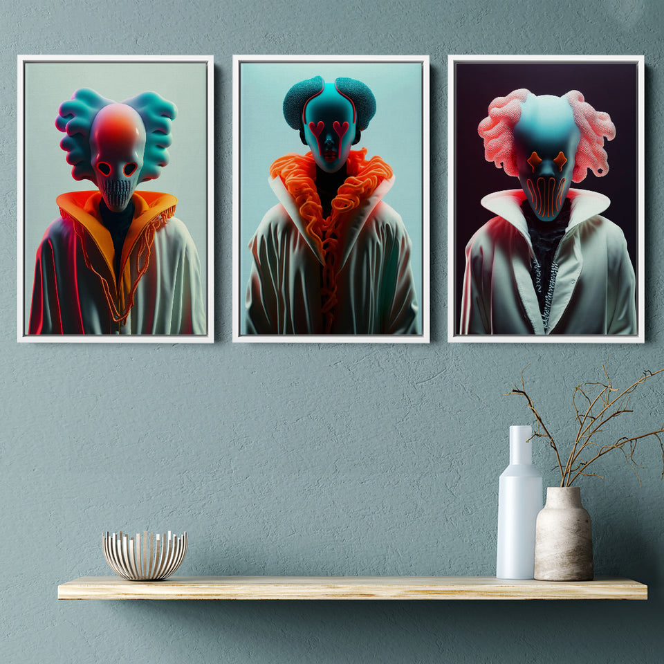 3D Effect Clown, Love Eyes, Pink Hair Clown Colorfull Set of 3 Piece Framed Canvas Prints Wall Art Decor