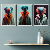 3D Effect Clown, Love Eyes, Pink Hair Clown Colorfull Set of 3 Piece Framed Canvas Prints Wall Art Decor
