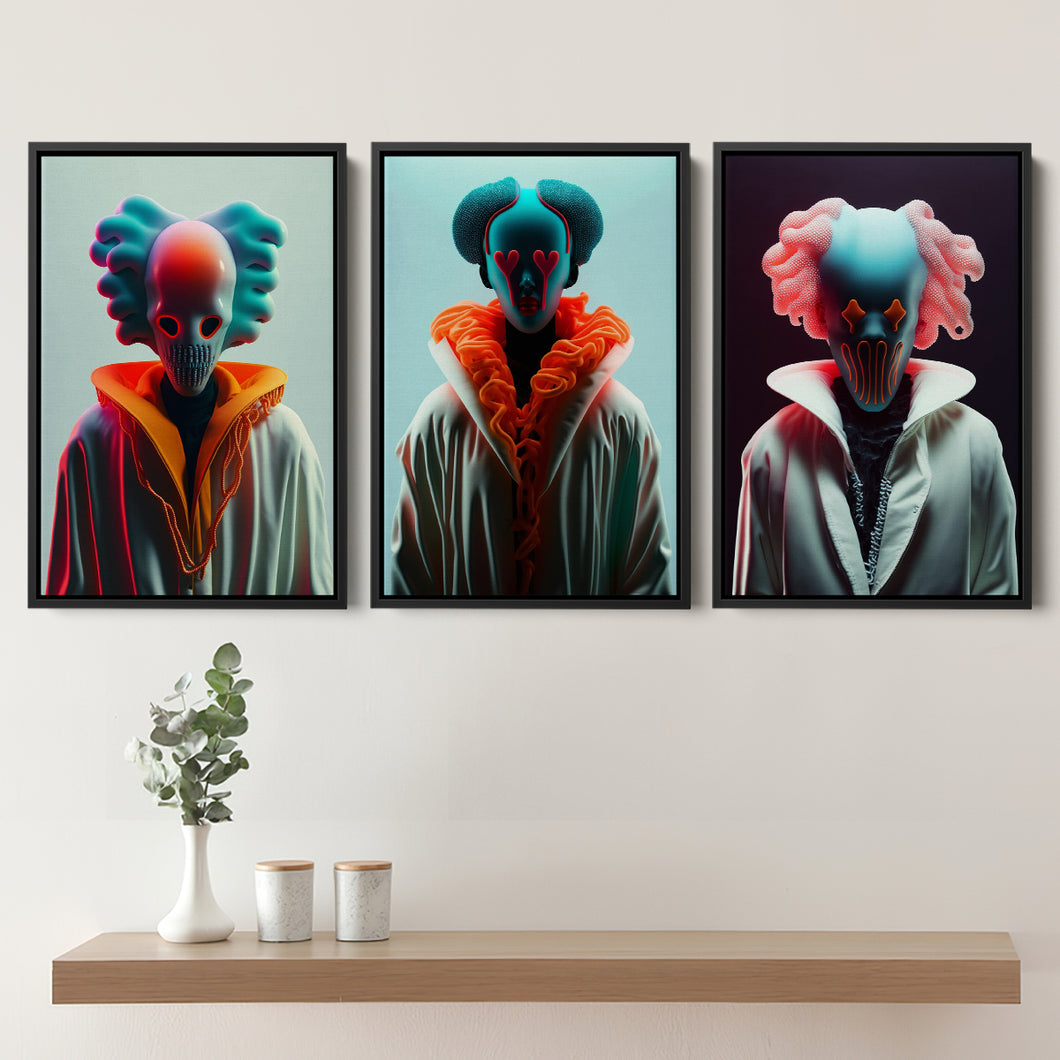 3D Effect Clown, Love Eyes, Pink Hair Clown Colorfull Set of 3 Piece Framed Canvas Prints Wall Art Decor