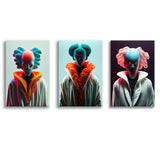 3D Effect Clown, Love Eyes, Pink Hair Clown Colorfull Set of 3 Piece Canvas Prints Wall Art Decor