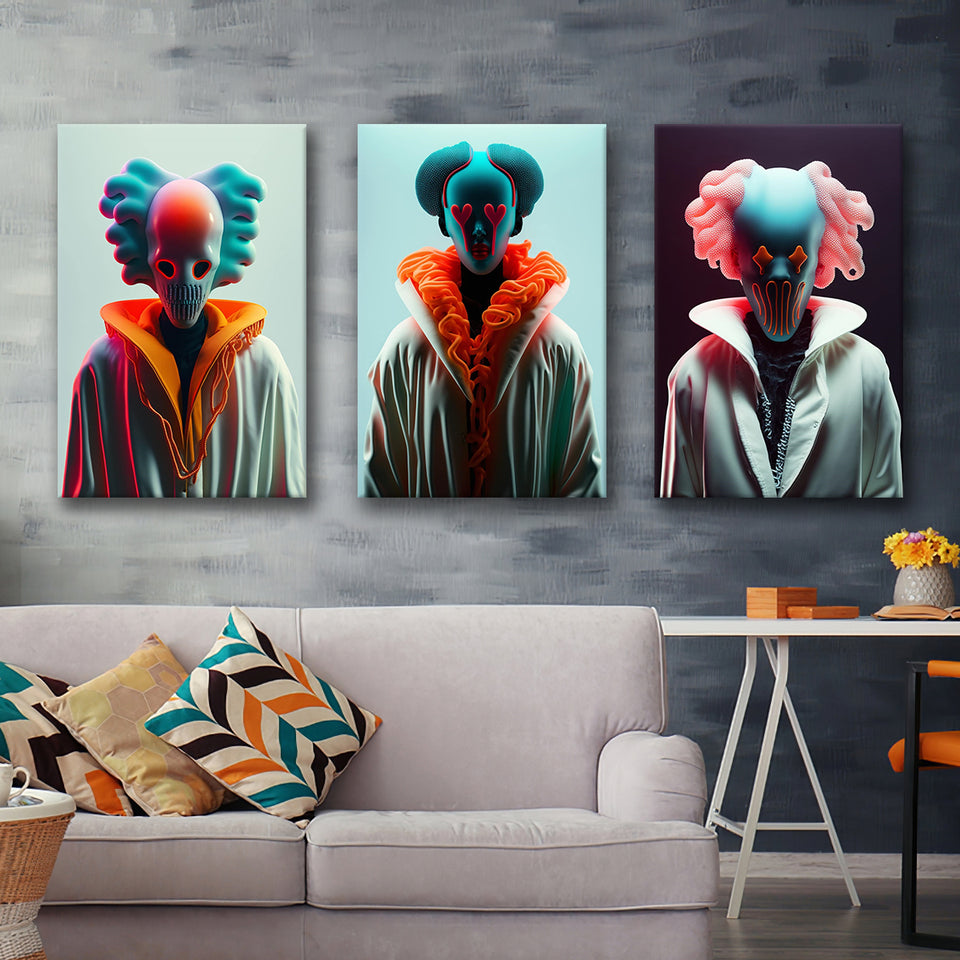 3D Effect Clown, Love Eyes, Pink Hair Clown Colorfull Set of 3 Piece Canvas Prints Wall Art Decor