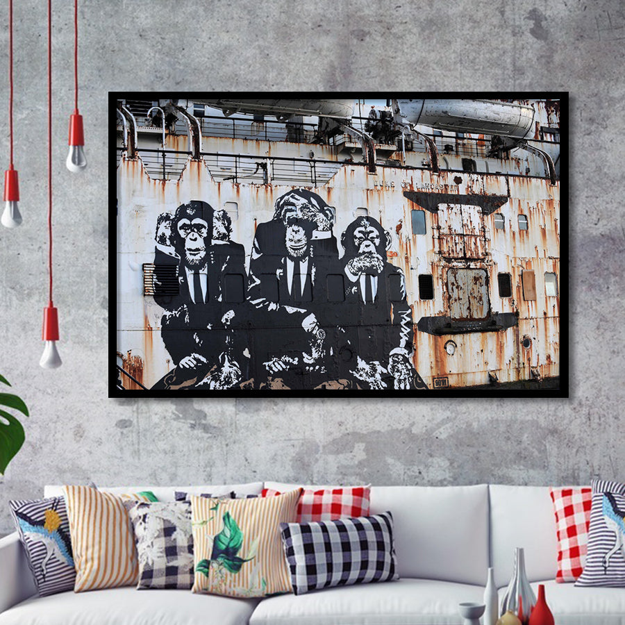 3 Wise Monkeys Banksy Framed Art Print Wall Decor - Painting Art, Framed Picture, Home Decor
