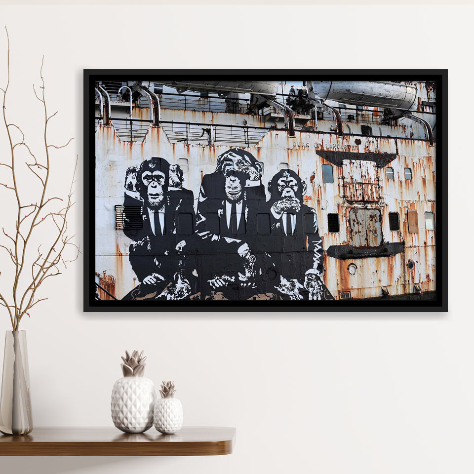 3 Wise Monkeys Banksy Framed Canvas Prints Wall Art - Painting Canvas,Framed Picture,Home Art Wall Decor
