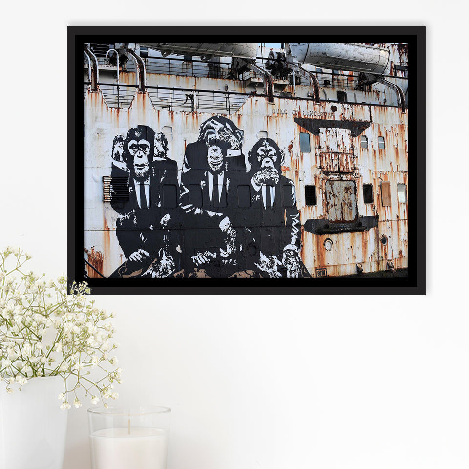 3 Wise Monkeys Banksy Framed Canvas Prints Wall Art - Painting Canvas,Framed Picture,Home Art Wall Decor