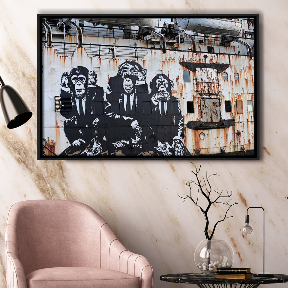 3 Wise Monkeys Banksy Framed Canvas Prints Wall Art - Painting Canvas,Framed Picture,Home Art Wall Decor