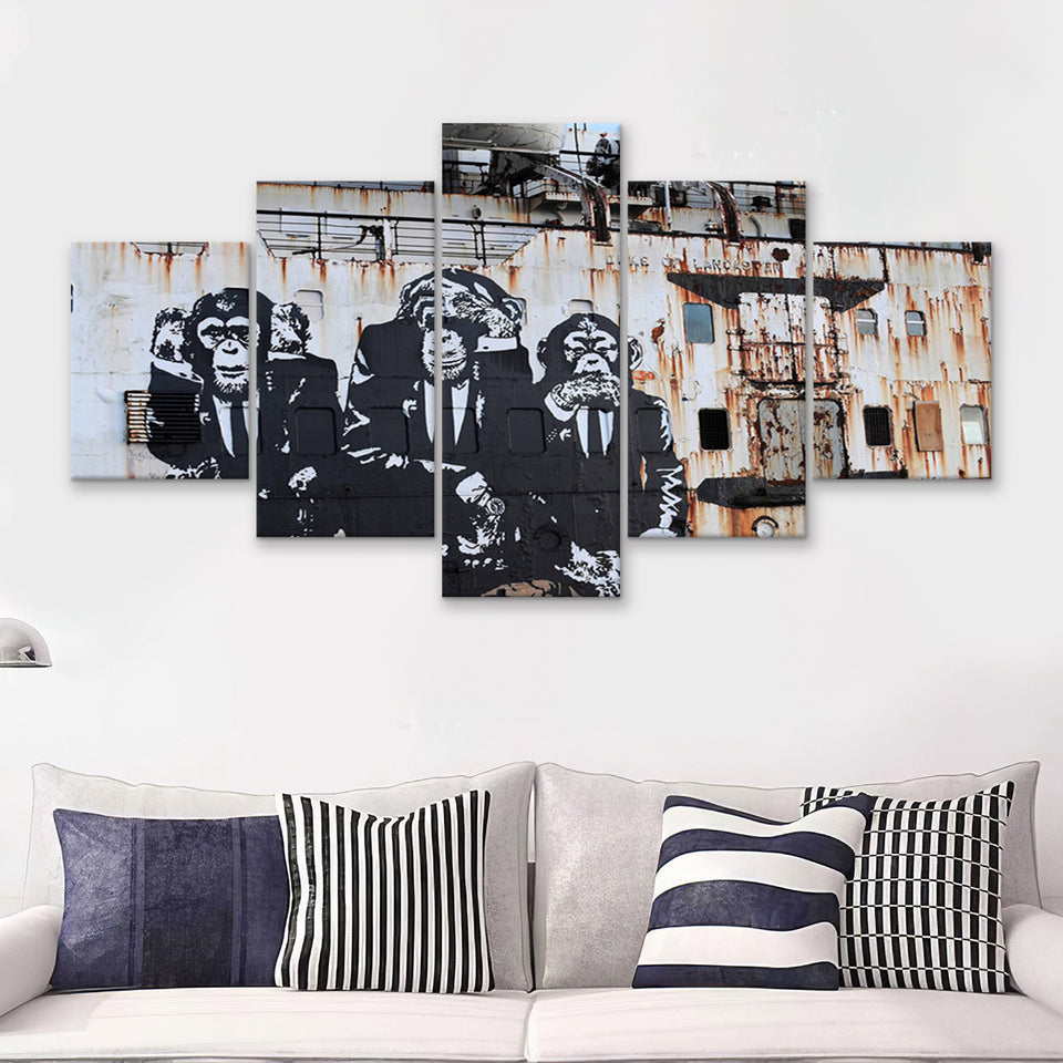3 Wise Monkeys Banksy 5 Piece Multi Panels Canvas Prints Wall Art - Painting Canvas,Wall Decor