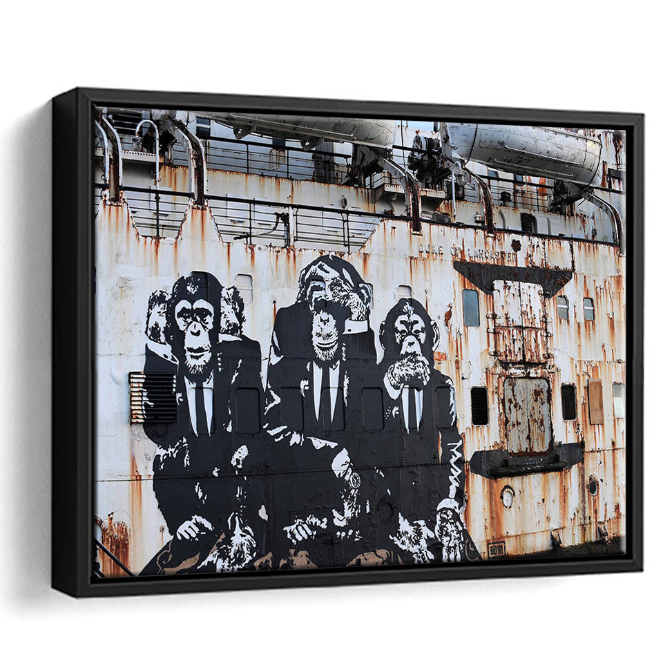 3 Wise Monkeys Banksy Framed Canvas Prints Wall Art - Painting Canvas,Framed Picture,Home Art Wall Decor