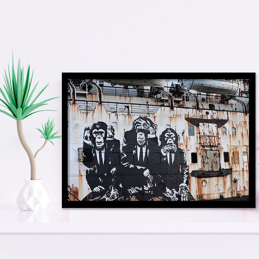 3 Wise Monkeys Banksy Framed Art Print Wall Decor - Painting Art, Framed Picture, Home Decor