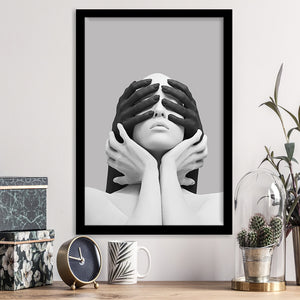 3D Effect Abstract White Woman Blindfolded By Black Hands V1 Framed Art Prints Wall Decor
