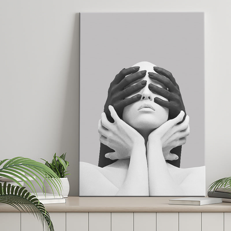 3D Effect Abstract White Woman Blindfolded By Black Hands V1 Canvas Prints Wall Art