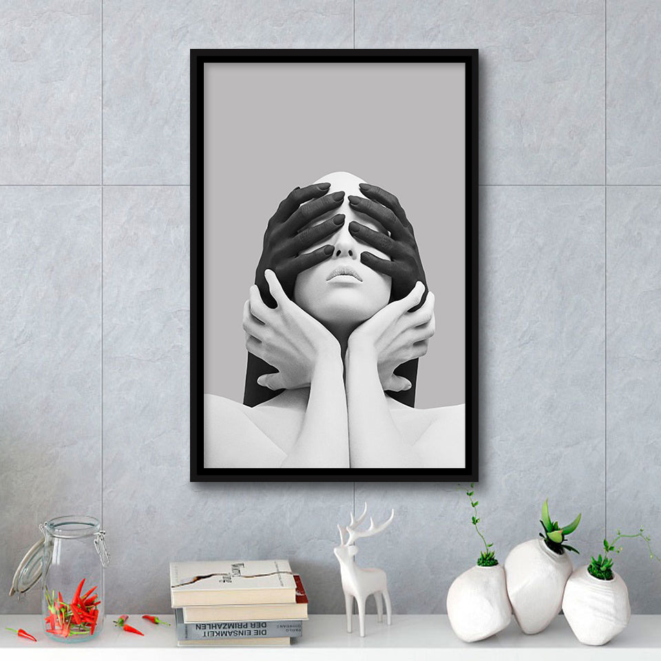 3D Effect Abstract White Woman Blindfolded By Black Hands V1 Framed Canvas Prints Wall Art Decor