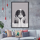 3D Effect Abstract White Woman Blindfolded By Black Hands V1 Framed Art Prints Wall Decor